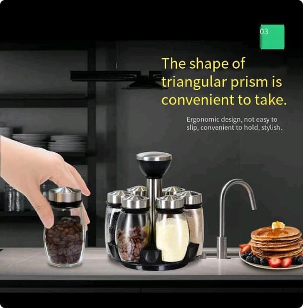 Spice Rack for Kitchen, Rotating Rack 360 Degrees, 6 Glass Jars, Space-Saving Storage Solution for Kitchen and Dining Table