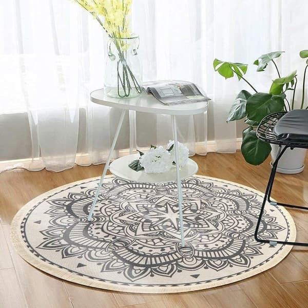 Vintage Rundt Teppe 90cm Bomull Rundt Vaskbart Mandala Teppe