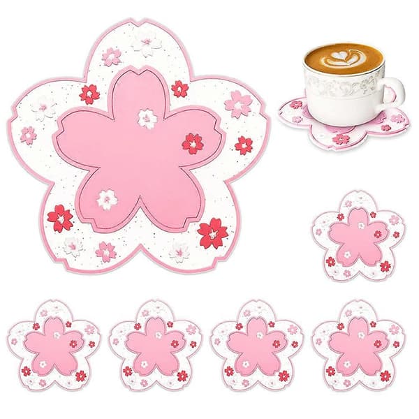 Sakura Coasters Cherry Blossom Silicone Cup Coasters Cute Flower Coasters Non-Slip Tea Tableware Coasters for Drinks