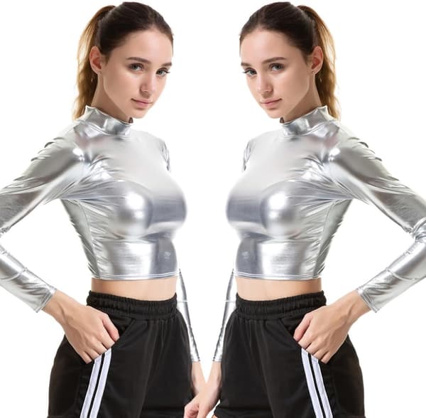 Sølv Bustier Kostyme for Kvinner i Polyester, Ensfarget Langermet