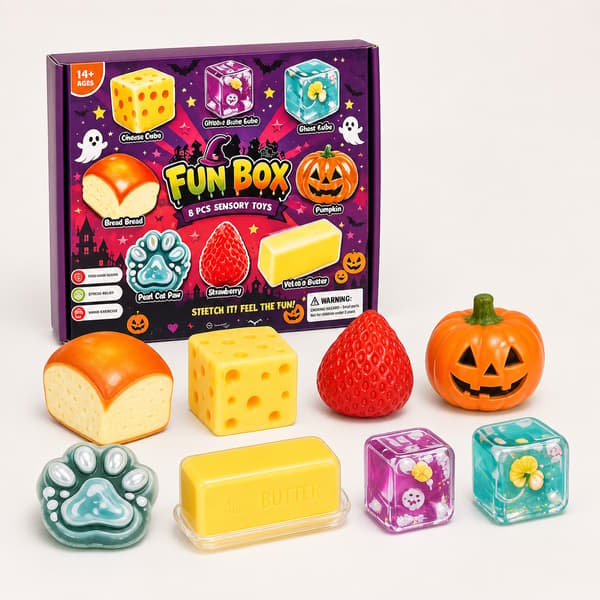 8-delad Halloween Squishy Fun Box, Pumpa Mat Tass Smör och Glitter Kub Stressavlastande Fidget Leksaker
