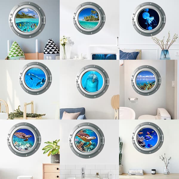 Kaksi sarjaa 35x35cm seinätarroja 3D-ikkuna Underwater World Wall