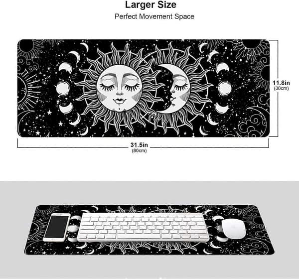 Gamingmusematte Ekstra Stor Astrologi Utvidet Stor Musematte Lang Skrivebordsmatte med Sydde Kanter 80x30x0.3cm, Måne og Sol