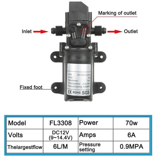12V Vandpumpe, 20mm Højtryksslangeforbindelse, Selvansugende Membranpumpe til Autocamper, Campingvogn, Båd, Have