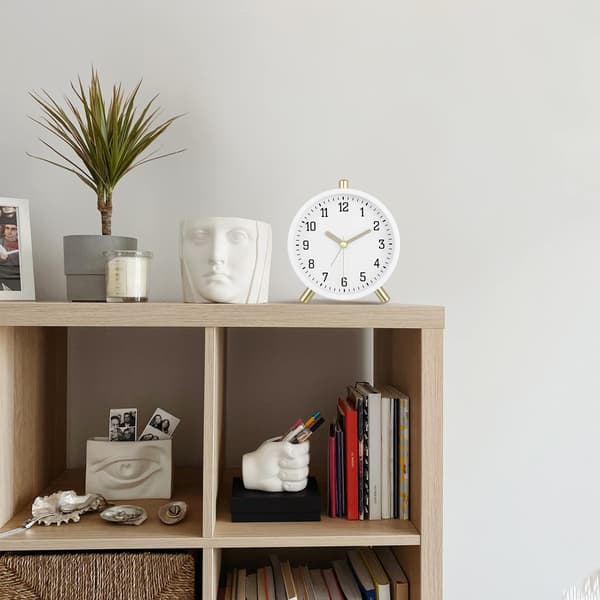 Classic Metal Alarm Clock Analog Non-Ticking, Milky White Silent Alarm Clock with Light, Modern Simple Decorative Table Clock Bedroom Bedside White white