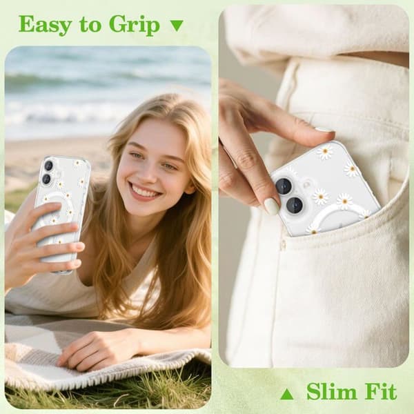 Transparent Magnetic iPhone 16 Case - Daisy Flower Design - Compatible with MagSafe Wireless Charging - Shockproof Protection