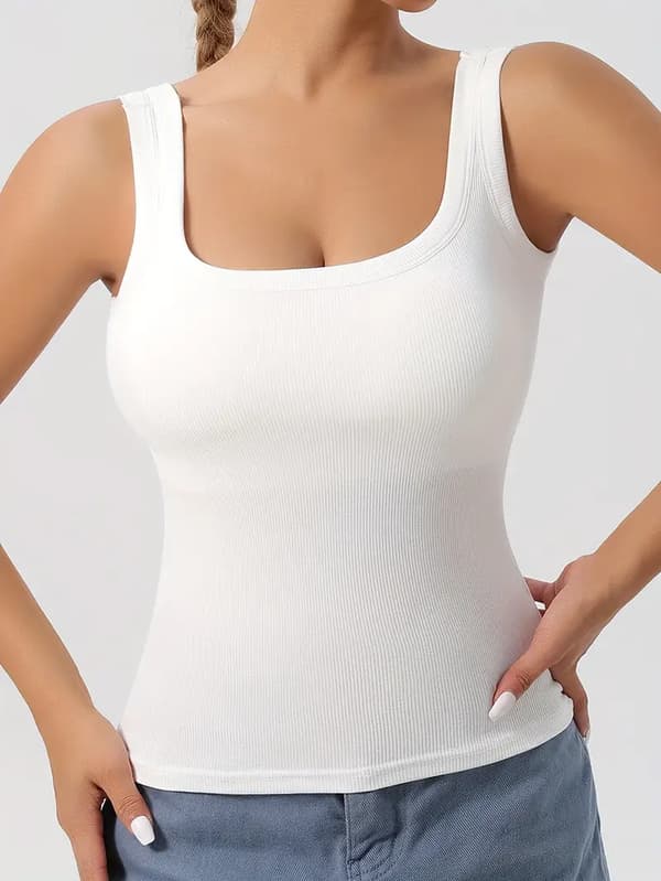 Enkel Solid Square Neck Tank Top, Monikäyttöinen Ribbineulosliivi Irrotettavalla Rintapehmusteella