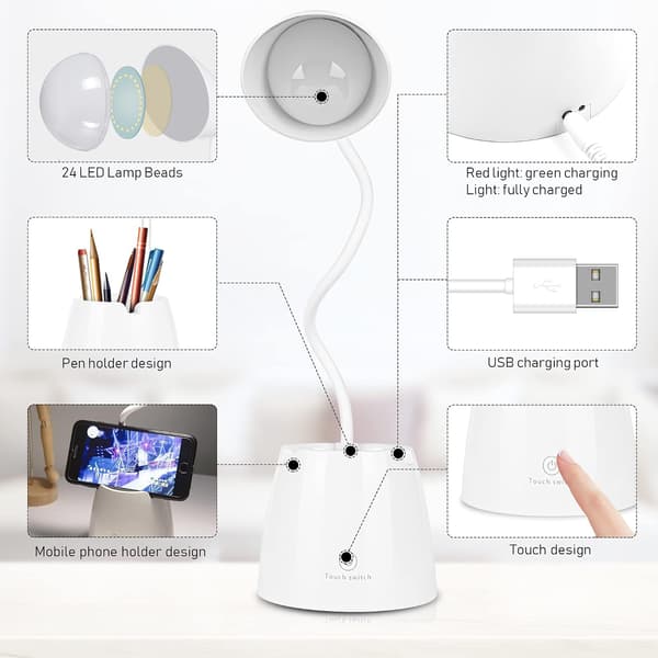 LED-skrivebordslampe, dæmpbar, øjenbeskyttelse, 3 lysstyrkeniveauer, USB-opladelig - Touch Switch (hvid)