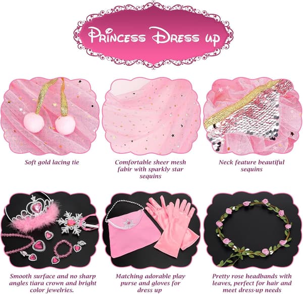 Prinsesscape-sett, 12 stk Prinsesseklær for Liten Jente, Prinsessekjoler for Jente 3-8 År Bursdagsgave