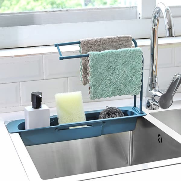 Telescopic Sink Storage Rack, Adjustable Sink Organizer with Detachable Towel Bar, Multifunctional Kitchen Countertop Accessories for Efficiency