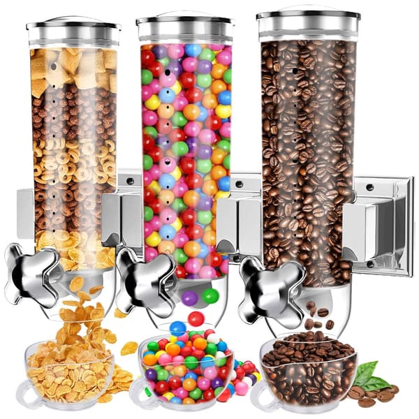 Triple Food Dispenser, Wall-Mounted Cereal Dispenser, Candy Dispenser Cereal Dispenser Kitchen Container with 3 Cups