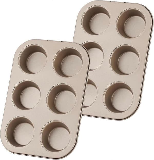 2-pak Jumbo Muffinsforme, Bageforme i Kulstofstål, Non-stick Cupcakeforme, 6-hullers Bageforme, Premium Bageudstyr, til Køkkenovn (Guld)