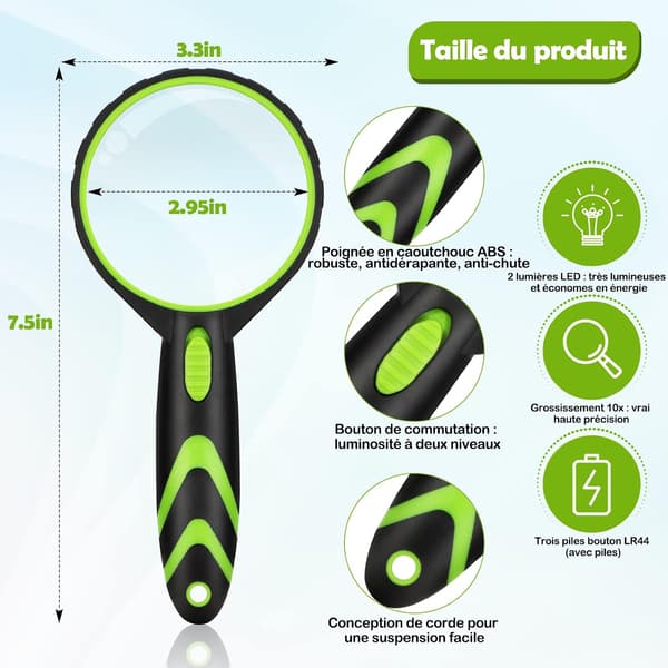 Magnifying Glass with Light, Kids 10x Magnifier 75mm Handle