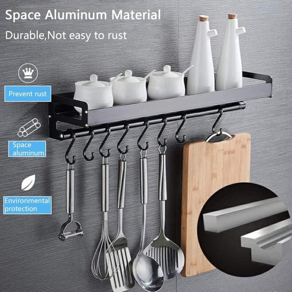 Spice Rack, Wall Mounted Kitchen Storage, No Drilling Required, Spice Holder with 8 Removable Hooks, Can Hold Spices, Hang Spatulas, Spoons