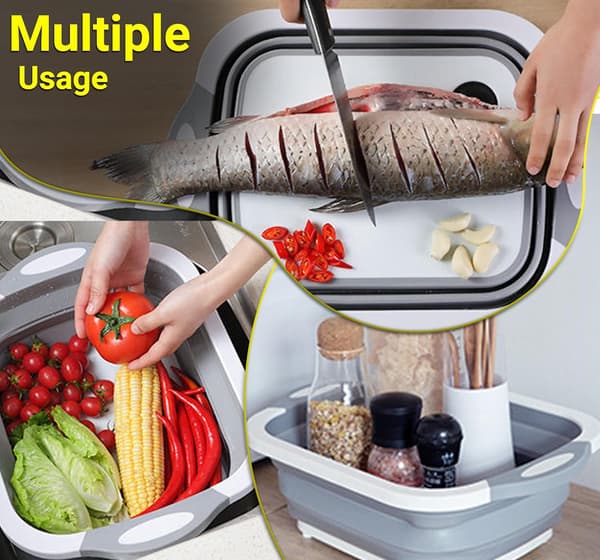 3-in-1 Foldable Cutting Board - Kitchen Tub with Sink & Drain - Space-Saving, Portable for Kitchen, Camping (1 pc, Grey)
