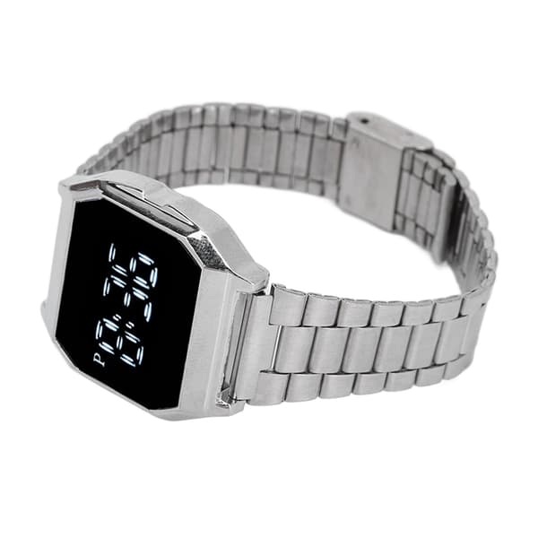 LED Watch for Student Tetragonum Digital Sports Watch with Folding Clasp Alarm Timing Night Light Function for Daily Use Silver