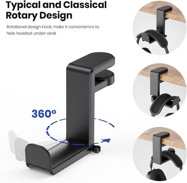 PC Gaming Headset Holder, Adjustable Clamp Mount Under Desk with 360° Swivel & Cable Clip Organizer