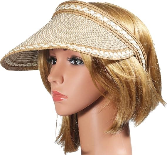 Women's Straw Sun Visor Wide Brim Golf Sun Hat Summer Beach Sun Visors Cap Khaki Khaki