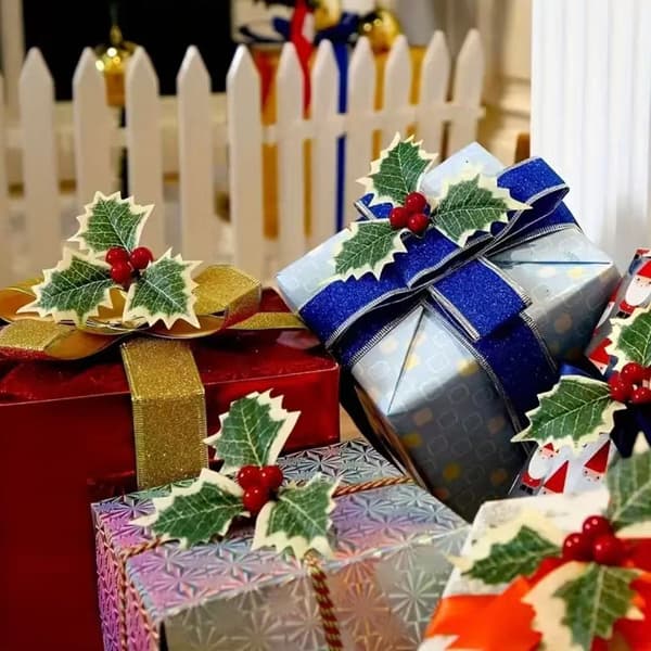 50-pack konstgjord julstjärna med triangulära blad och små röda bär, perfekt för att dekorera julgranar och presenter.