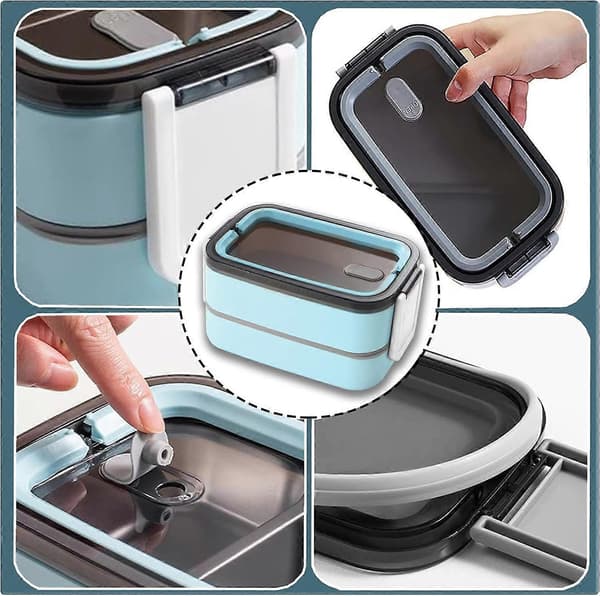 Bento Box, Lunch Box with Spoon, Partition, Suitable for Microwave, Blue