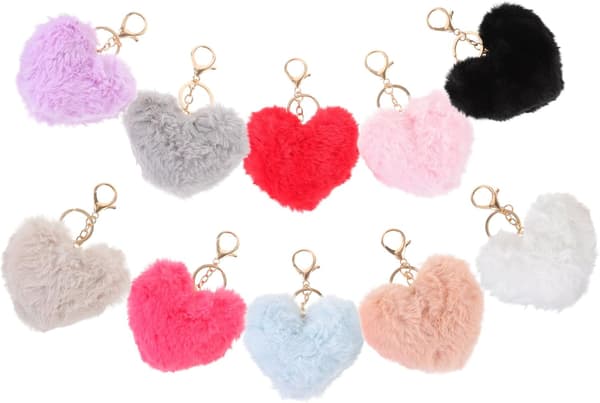10 stk. hjerteformede pompom-nøgleringe, nøglering i imiteret kaninpels til kvinder, bløde, fluffy håndtasketilbehør