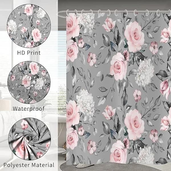 Blomstret dusjforheng Vanntett polyesterstoff til bad Rosa Grått Rosemønster 180 x 200 cm