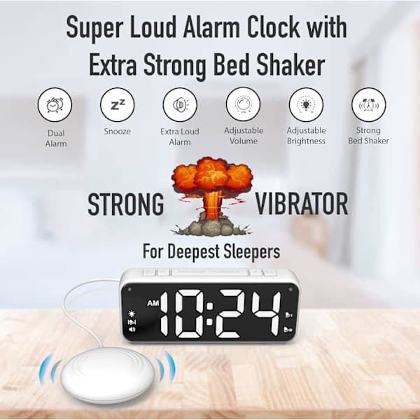 A5 Supervibrerande väckarklocka + Superhög väckarklocka, lämplig för tunga sovare/döva/hörselskadade, extra stor display svart
