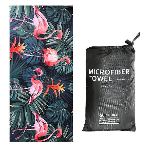 Hurtigtørrende mikrofiber badehåndklæde med bæretaske, superhåndklæde (grønt blad flamingo)