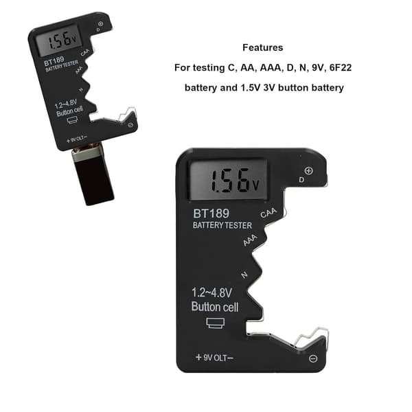Batteritester, Universal Batteri Checker Lille Batteritester til C, AA, AAA, D, N, 9V, 6F22 Batteri 1.5V 3V Knapbatteri, Sort