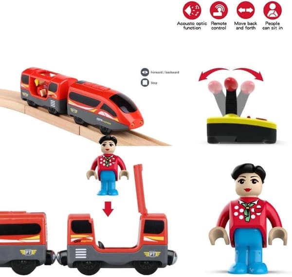 Motorized Train for Wooden Train Tracks Remote Control Train with Magnetic Connection for Toddlers Compatible with Thomas Brio Red