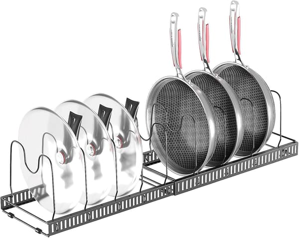 Expandable Pot Rack, Pan Organizer/Rack with 10 Adjustable Compartments, Kitchen Storage