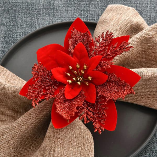 rød juleblomst serviettring stoffblomst serviettspenne stoffring serviettring 15cm, spennediameter 4cm