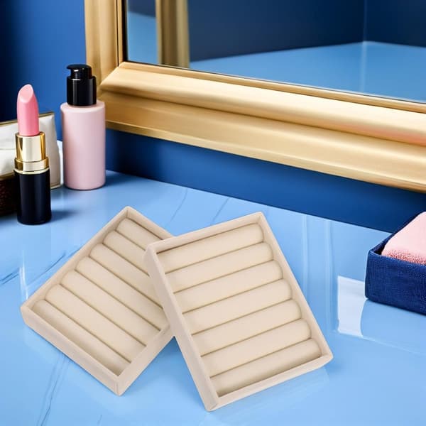 2-pak ringorganisatorboks med blødt for og robust konstruktion, elegant beige smykkeopbevaringsbakke