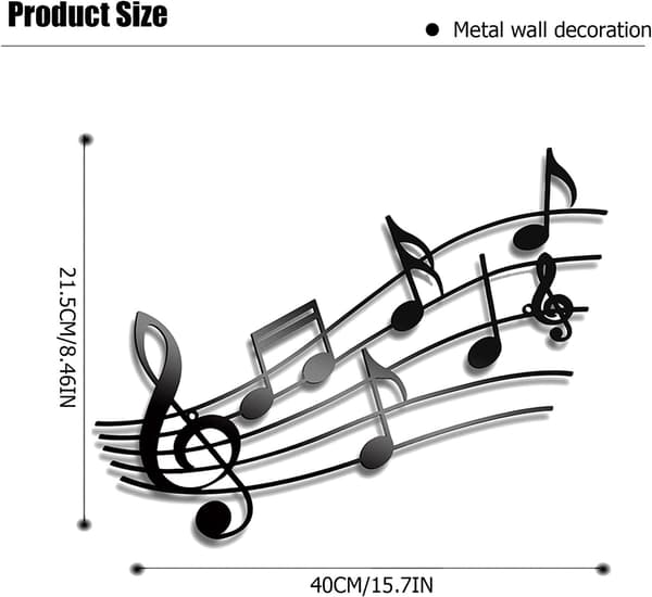 Metallisk väggdekor med musiktema, metallväggskulptur, notblad