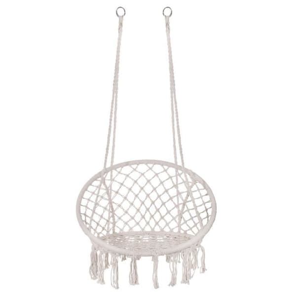 Hanging swing with cotton fringes - SPRINGOS - Garden - Robust and comfortable - Macrame design_tfrf cream grädde