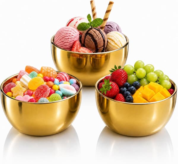 3-pack 4,9\" guldfärgade skålar i rostfritt stål, 13,5 oz små snacksskålar