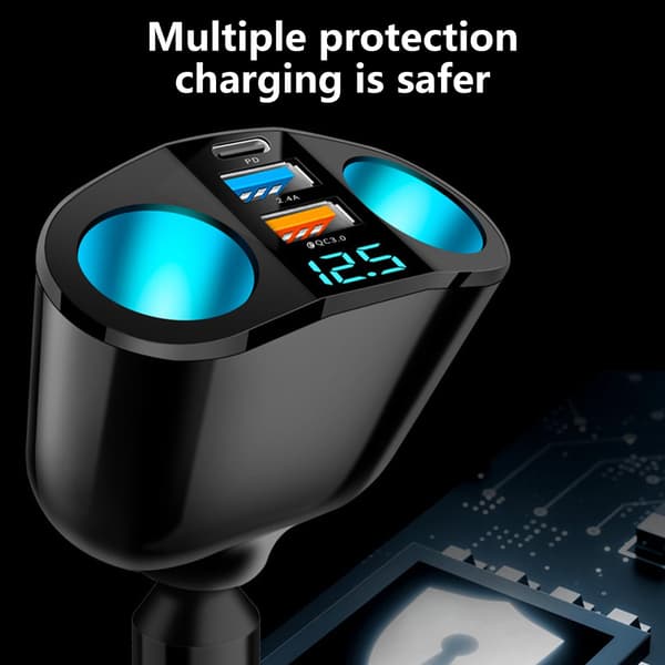 Biloplader 12V-24V Dobbelt USB & USB C LED-display Opladningsadapter 360 Graders Rotation Køretøjsstikadapter