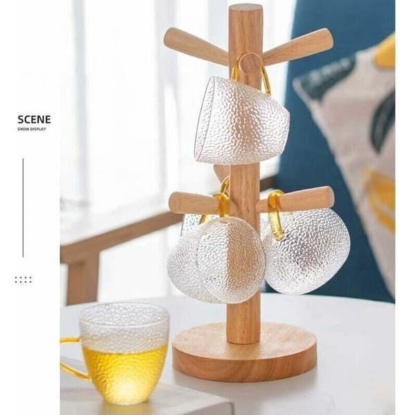 Wooden Tree-Shaped Cup Holder - Wooden Table Stand - Storage Shelf - Kitchen Accessories for Tea and Coffee - Hooks (6 Cups)