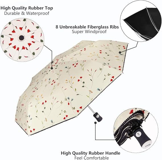 Sun Umbrella Compact Foldable Travel Umbrella Automatic Open and Close Windproof, Rainproof UV Protection Umbrella with Black Anti-UV Coating