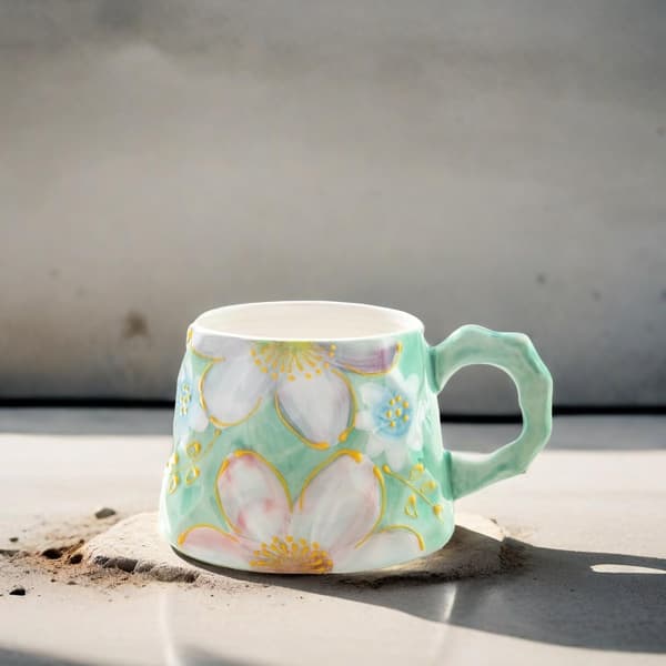 13oz Ceramic Mug, Enlarged and Thickened Breakfast Cup, Suitable for Spring, Summer, Autumn and Winter, Hand-Painted Cup, a Personalized Green Green Green