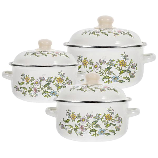 3 Pcs Cooking Pots Set Stockpots Flat Bottom Enamel Cooking Pot Soup Pot