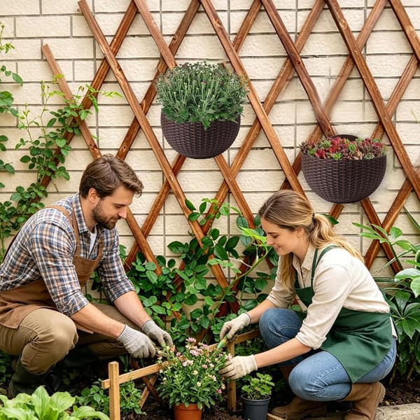 Semi-circular flower pot - decorative rustic style pot with drainage hole and hooks | wall mounted pot (FMY)