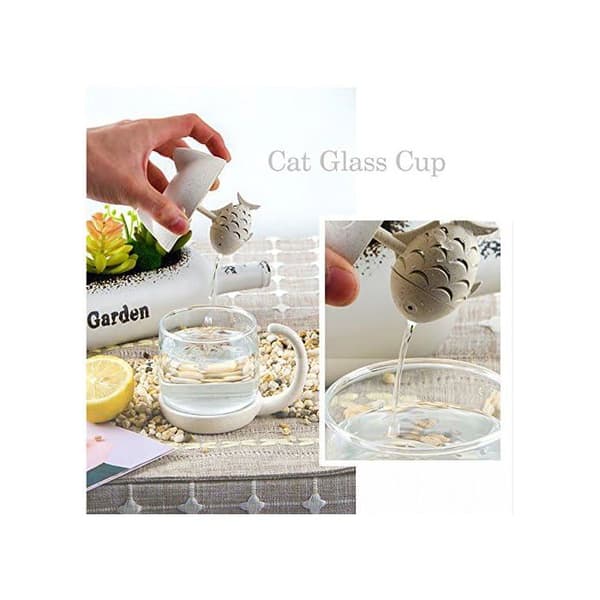 Cat Shaped Glass Tea Cup, Fish Shaped Tea Infuser Water Bottle, Loose Leaf Tea Strainer 250ML