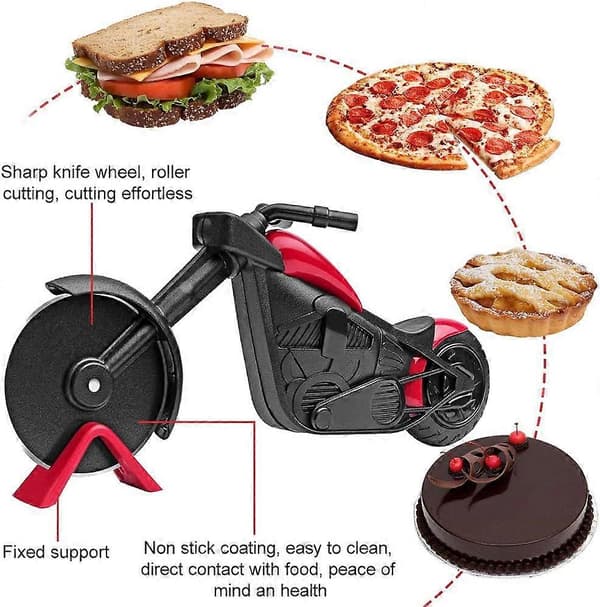 Motorcycle Pizza Cutter, Novelty Pizza Cutter Motorcycle Pizza Wheel Cutter Roller, Kitchen Utensil Creative Gift (Red)