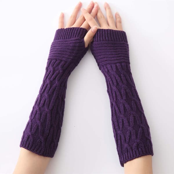Women's Winter Warm Over Elbow Long Fingerless Knitted Half-Finger Open Purple KLB