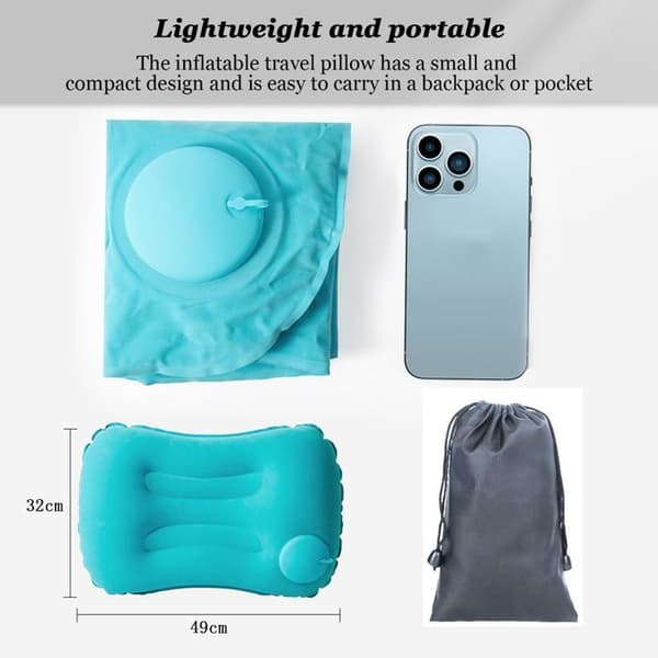 To oppblåsbare campingputer med oppbevaringspose, ergonomisk utformet for utendørsaktiviteter.