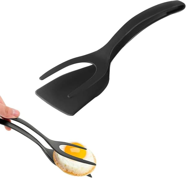 1 stk silikon eggtangvender spatel, silikon eggspatel 2-i-1 grep og vend spatel (svart)