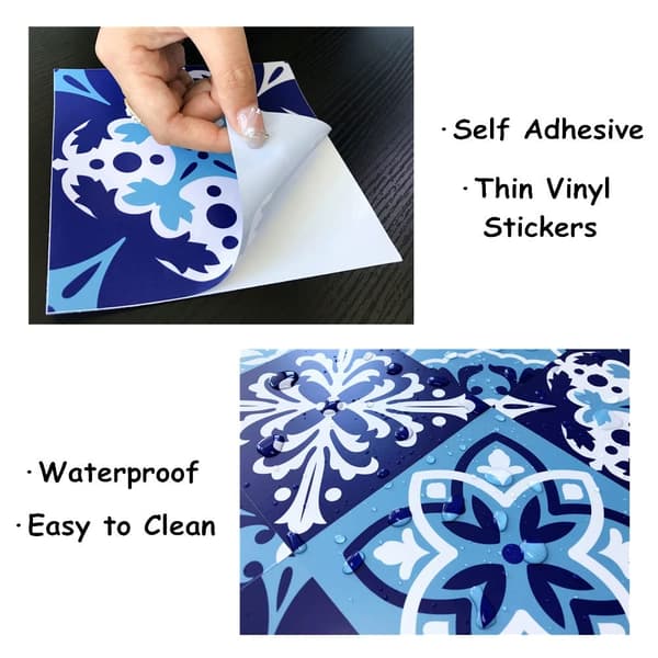 20 Pieces Blue and White Moroccan Tile Stickers, Self-Adhesive Tile Decals for Kitchen and Bathroom (15cm x 15cm)