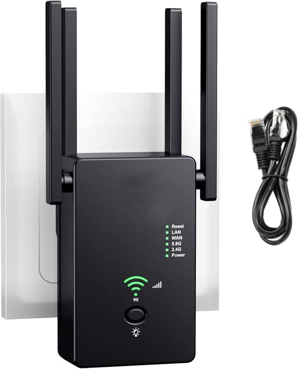 WiFi Range Extender 1200Mbps Dual Band 2.4GHz And 5GHz With 4 External Antennas And Ethernet Port For Home Office Coverage Black