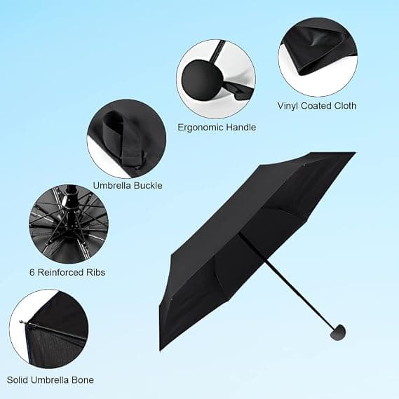 Mini Umbrella with Capsule Case, Pocket Umbrella, 6 Ribs Lightweight Compact Folding Umbrella Windproof Rain and Sun Umbrella, Black